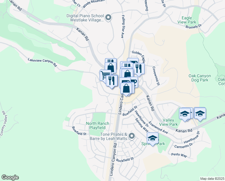 map of restaurants, bars, coffee shops, grocery stores, and more near 1125 Lindero Canyon Road in Westlake Village