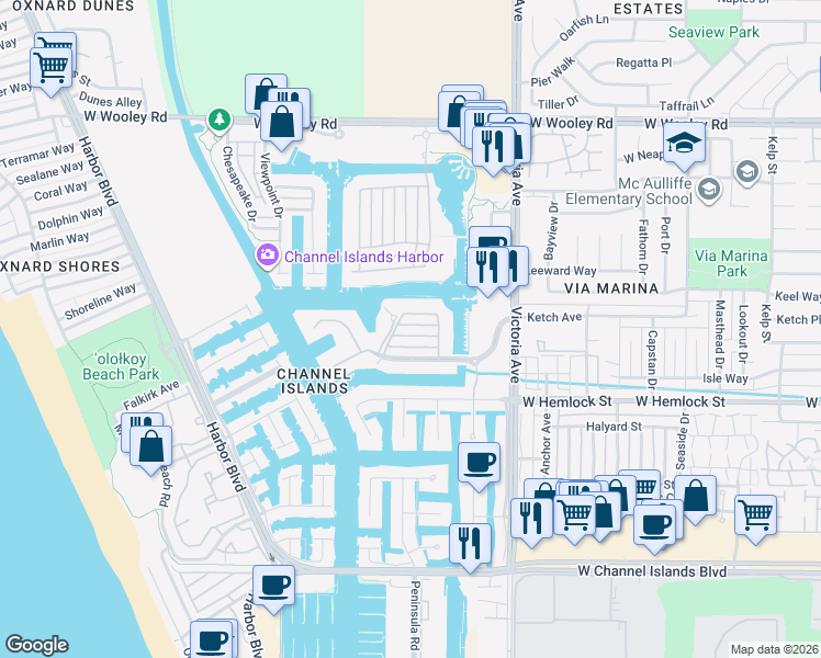 map of restaurants, bars, coffee shops, grocery stores, and more near 4073 Galapagos Way in Oxnard