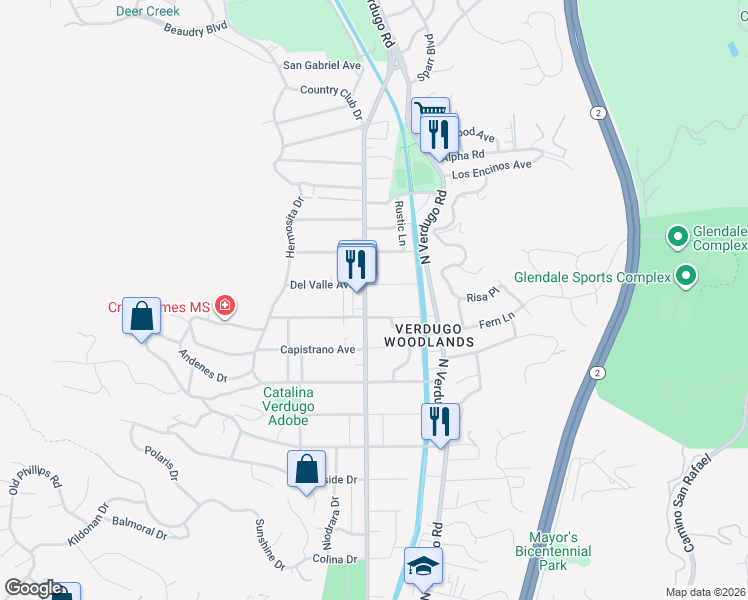 map of restaurants, bars, coffee shops, grocery stores, and more near 2512 Canada Boulevard in Glendale