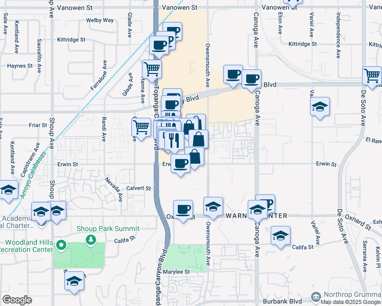 map of restaurants, bars, coffee shops, grocery stores, and more near 21747 Erwin Street in Los Angeles