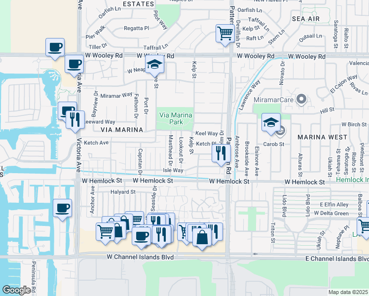 map of restaurants, bars, coffee shops, grocery stores, and more near 1714 Lookout Drive in Oxnard