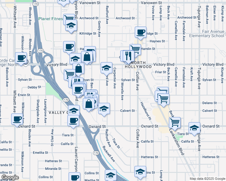 map of restaurants, bars, coffee shops, grocery stores, and more near 6223 Carpenter Avenue in Los Angeles