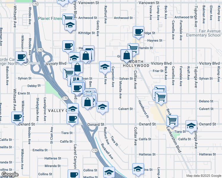 map of restaurants, bars, coffee shops, grocery stores, and more near 6223 Carpenter Avenue in Los Angeles