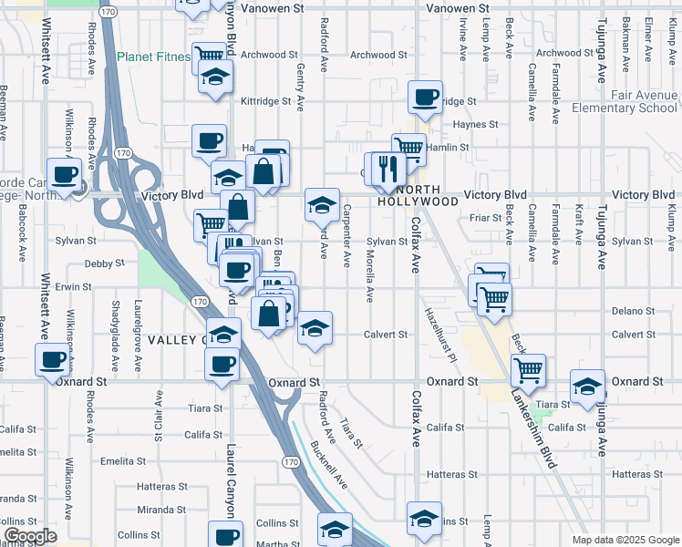 map of restaurants, bars, coffee shops, grocery stores, and more near 6223 Carpenter Avenue in Los Angeles