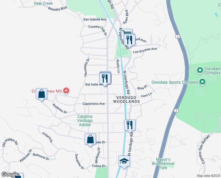 map of restaurants, bars, coffee shops, grocery stores, and more near 2512 Canada Boulevard in Glendale