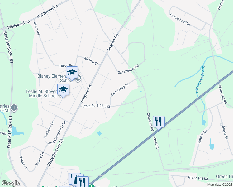 map of restaurants, bars, coffee shops, grocery stores, and more near 2043 Sun Valley Drive in Elgin