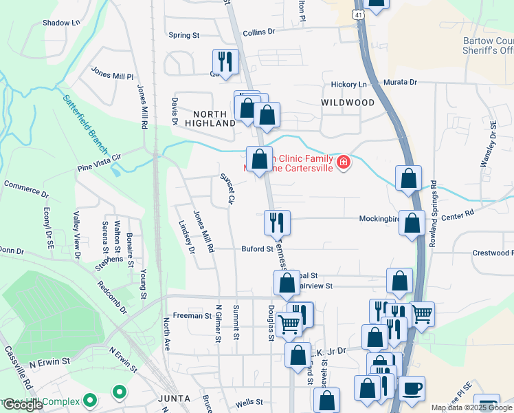 map of restaurants, bars, coffee shops, grocery stores, and more near 904 North Tennessee Street in Cartersville