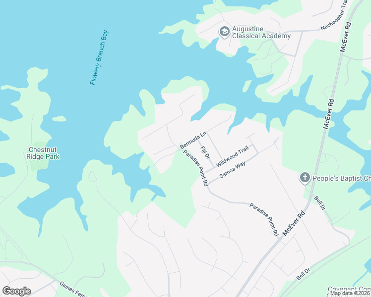 map of restaurants, bars, coffee shops, grocery stores, and more near 6466 Paradise Point Road in Flowery Branch