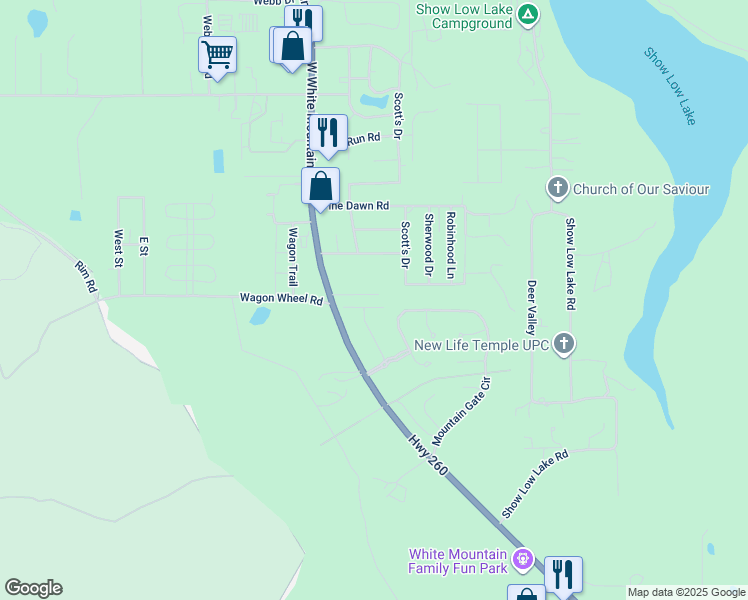 map of restaurants, bars, coffee shops, grocery stores, and more near 5350 West Glen Abbey Trail in Pinetop-Lakeside