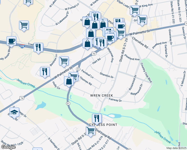 map of restaurants, bars, coffee shops, grocery stores, and more near 2123 Fernleaf Lane in Florence