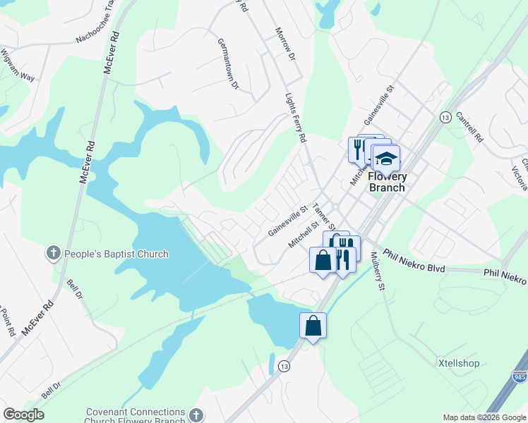 map of restaurants, bars, coffee shops, grocery stores, and more near 6562 Above Tide Place in Flowery Branch