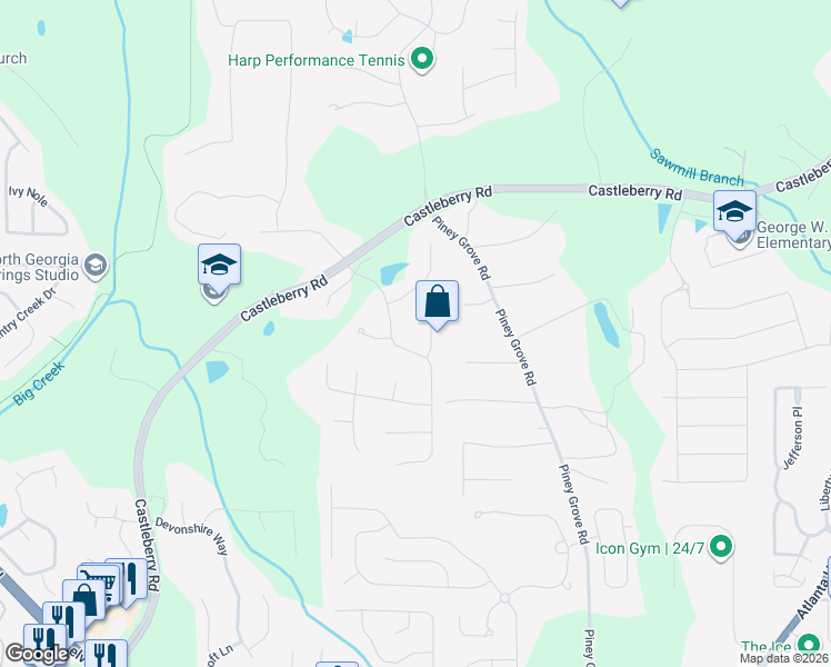 map of restaurants, bars, coffee shops, grocery stores, and more near 5115 Princess Lane in Cumming