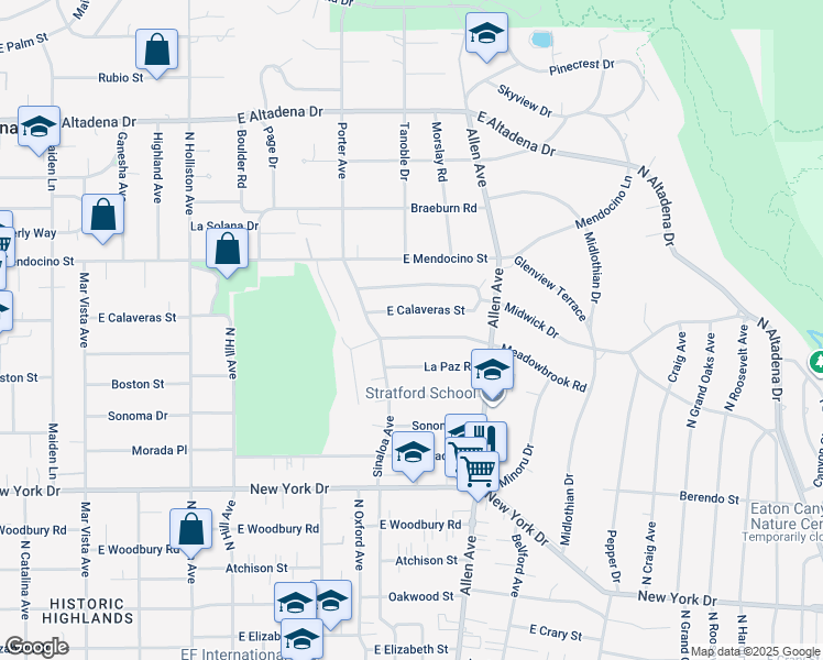 map of restaurants, bars, coffee shops, grocery stores, and more near 1747 Meadowbrook Road in Altadena