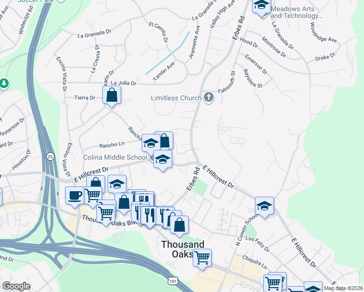 map of restaurants, bars, coffee shops, grocery stores, and more near 495 Erbes Road in Thousand Oaks