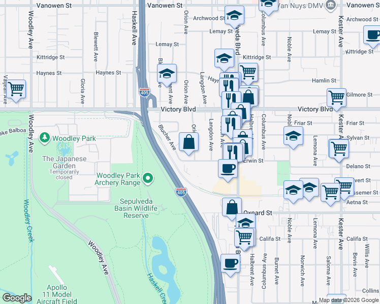 map of restaurants, bars, coffee shops, grocery stores, and more near 6217 Orion Avenue in Los Angeles