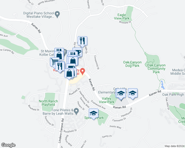 map of restaurants, bars, coffee shops, grocery stores, and more near Benedict Court & Trousdale Street in Oak Park