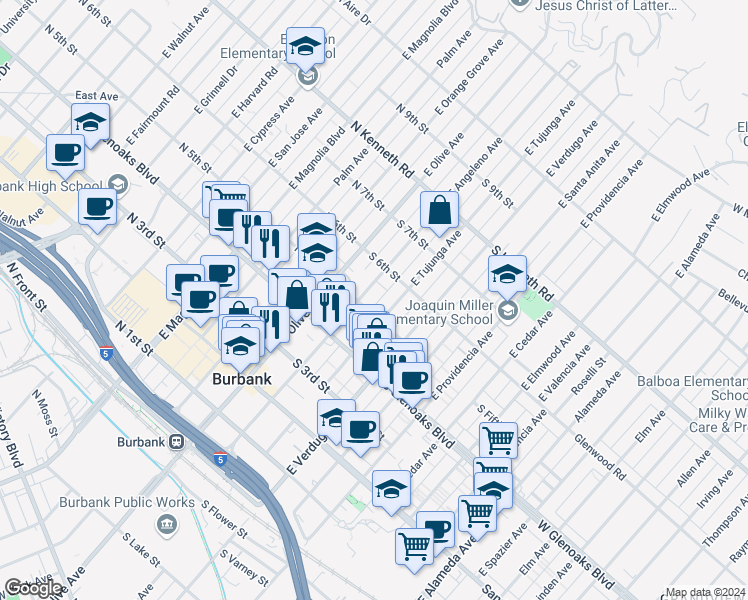map of restaurants, bars, coffee shops, grocery stores, and more near 522 East Angeleno Avenue in Burbank