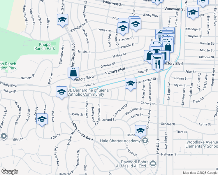 map of restaurants, bars, coffee shops, grocery stores, and more near 24017 Sylvan Street in Los Angeles