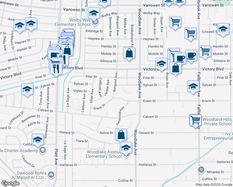 map of restaurants, bars, coffee shops, grocery stores, and more near 6212 Berquist Avenue in Los Angeles