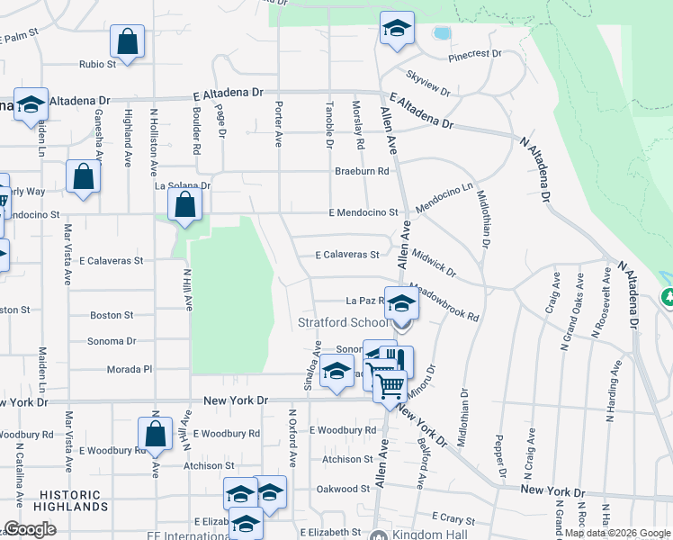 map of restaurants, bars, coffee shops, grocery stores, and more near 1747 Meadowbrook Road in Altadena