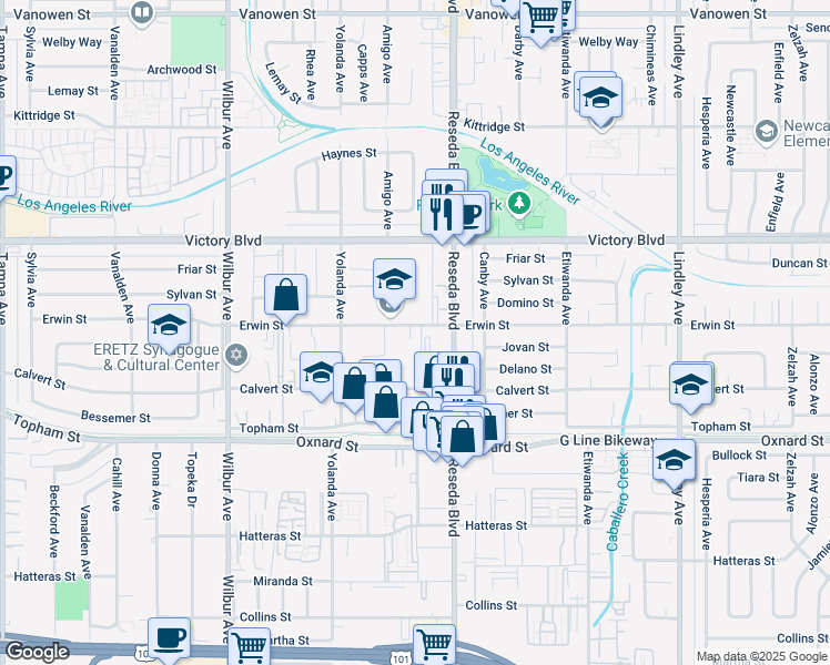 map of restaurants, bars, coffee shops, grocery stores, and more near 6238 Baird Avenue in Los Angeles
