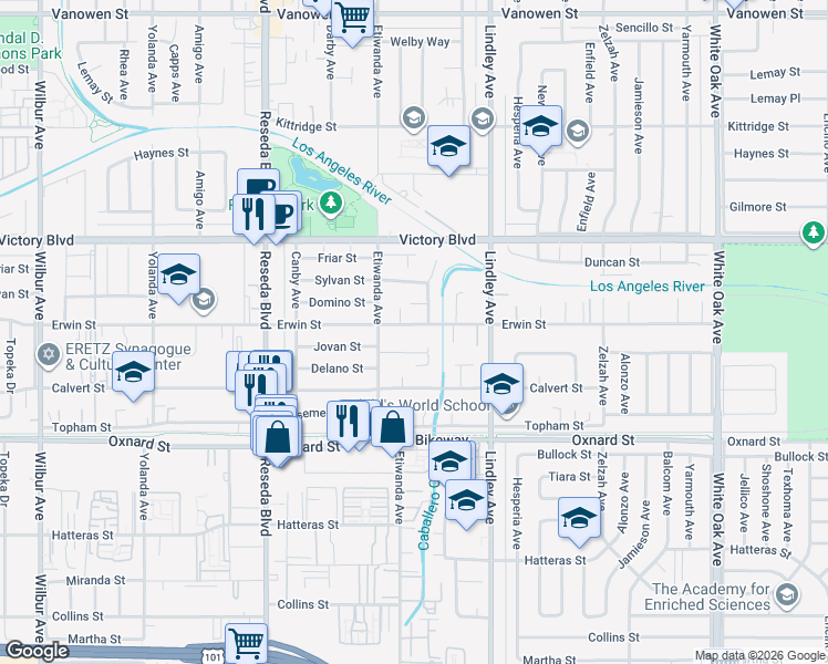 map of restaurants, bars, coffee shops, grocery stores, and more near 18222 Erwin Street in Los Angeles