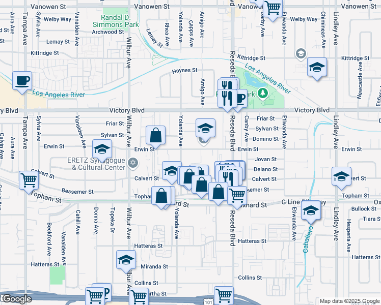 map of restaurants, bars, coffee shops, grocery stores, and more near 18628 Erwin Street in Los Angeles