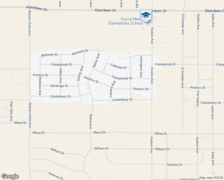 map of restaurants, bars, coffee shops, grocery stores, and more near 58253 Pimlico Street in Yucca Valley
