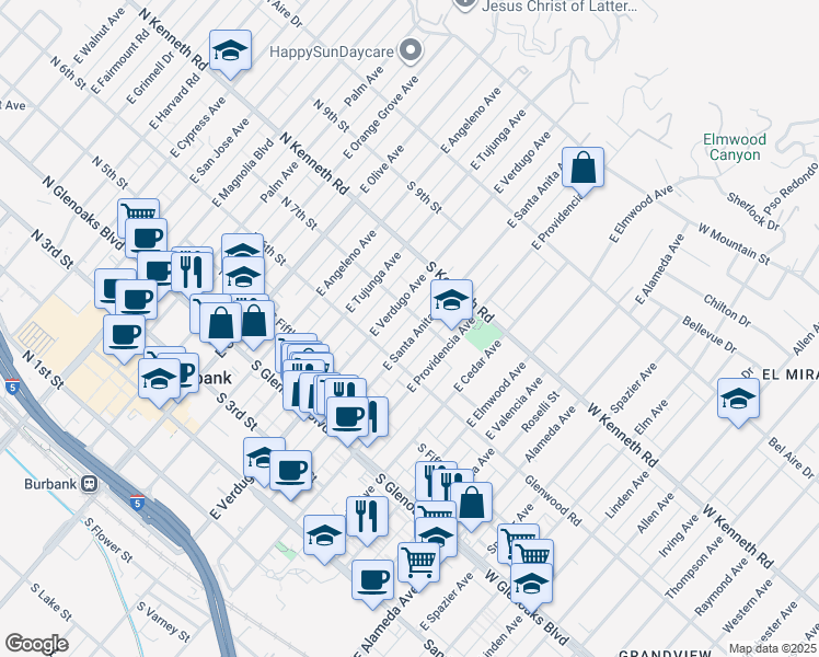 map of restaurants, bars, coffee shops, grocery stores, and more near 631 East Santa Anita Avenue in Burbank