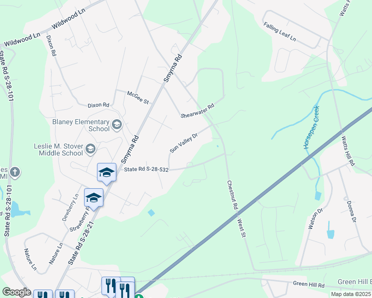 map of restaurants, bars, coffee shops, grocery stores, and more near 2043 Sun Valley Drive in Elgin