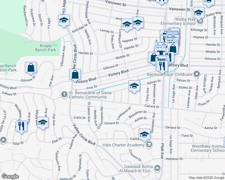 map of restaurants, bars, coffee shops, grocery stores, and more near 24013 Sylvan Street in Los Angeles