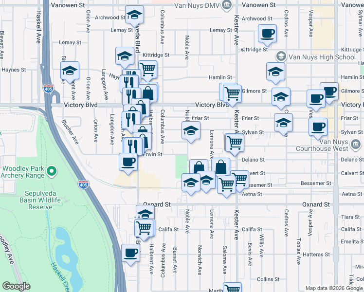 map of restaurants, bars, coffee shops, grocery stores, and more near 15112 Domino Street in Los Angeles