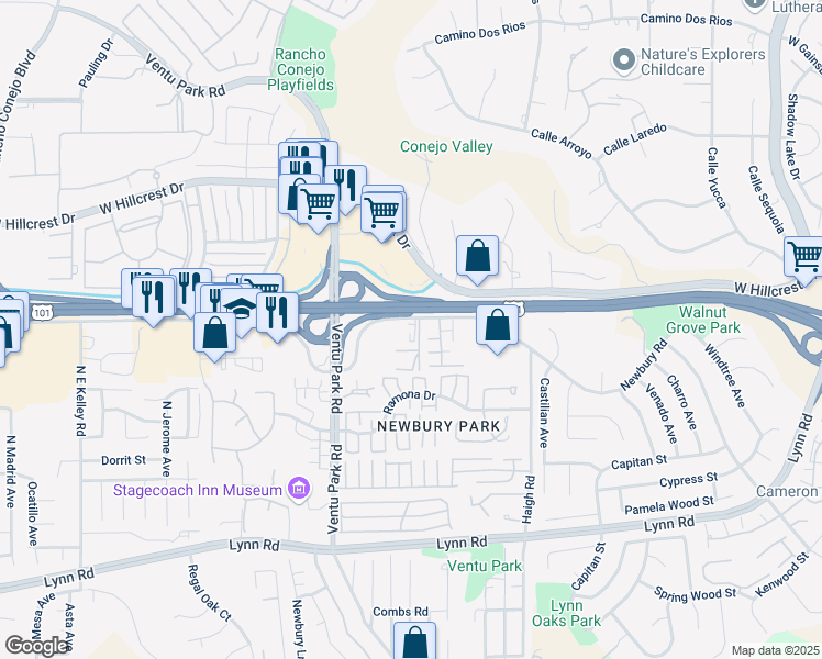 map of restaurants, bars, coffee shops, grocery stores, and more near 1282 Newbury Road in Thousand Oaks