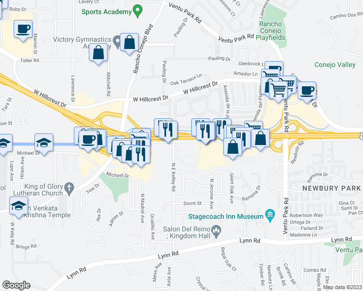 map of restaurants, bars, coffee shops, grocery stores, and more near 1872 Newbury Road in Thousand Oaks