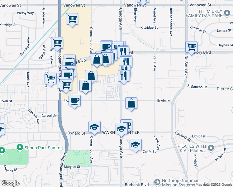 map of restaurants, bars, coffee shops, grocery stores, and more near 6265 Canoga Avenue in Los Angeles