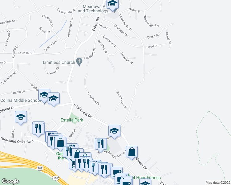 map of restaurants, bars, coffee shops, grocery stores, and more near 2246 Ranch View Place in Thousand Oaks