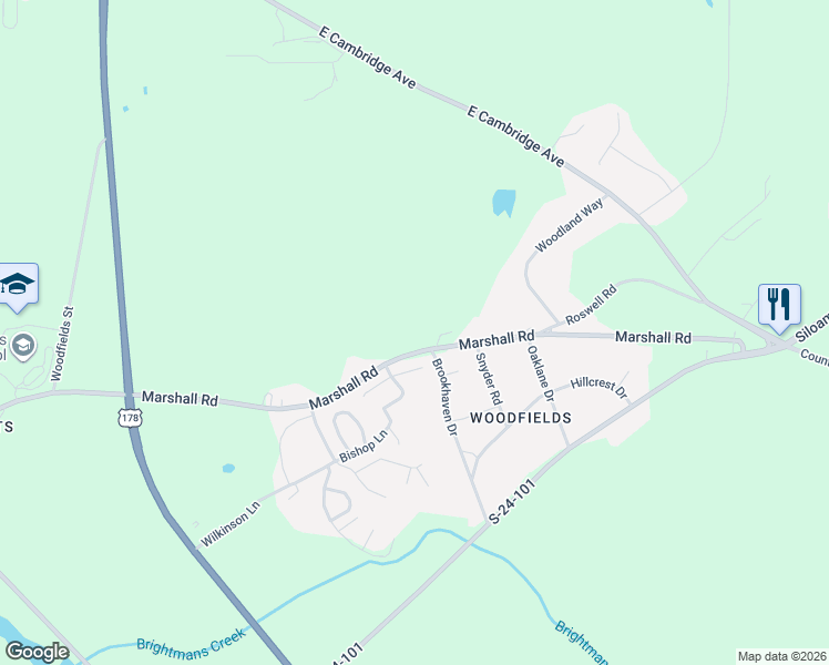 map of restaurants, bars, coffee shops, grocery stores, and more near 1315 Marshall Road in Greenwood