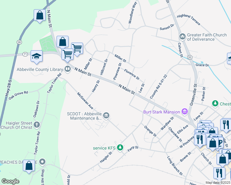 map of restaurants, bars, coffee shops, grocery stores, and more near 1107 North Main Street in Abbeville