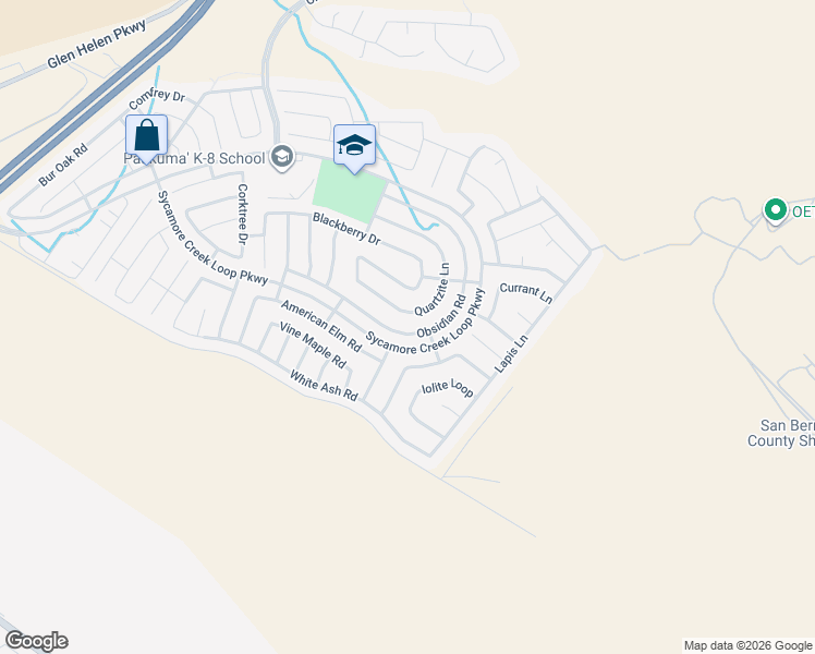 map of restaurants, bars, coffee shops, grocery stores, and more near 3910 Obsidian Road in San Bernardino