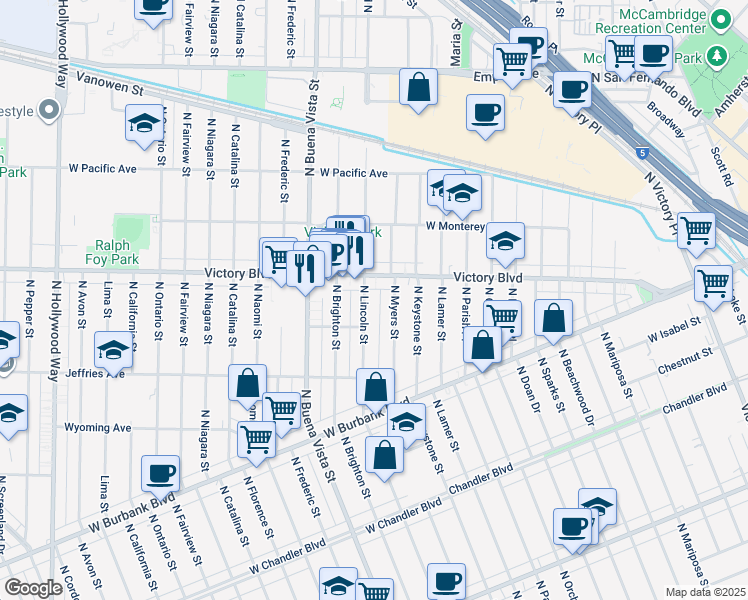map of restaurants, bars, coffee shops, grocery stores, and more near 1325 North Myers Street in Burbank