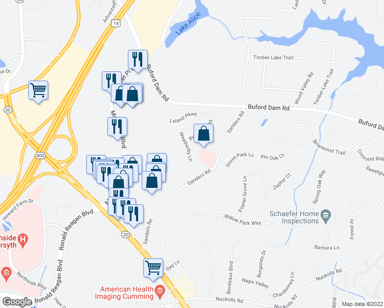 map of restaurants, bars, coffee shops, grocery stores, and more near 695 Weatherby Lane in Cumming