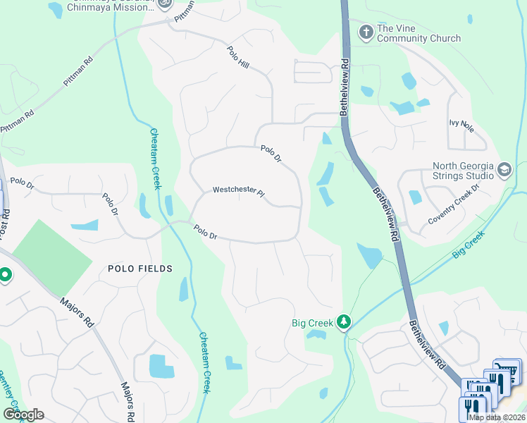 map of restaurants, bars, coffee shops, grocery stores, and more near 6375 Westchester Court in Cumming