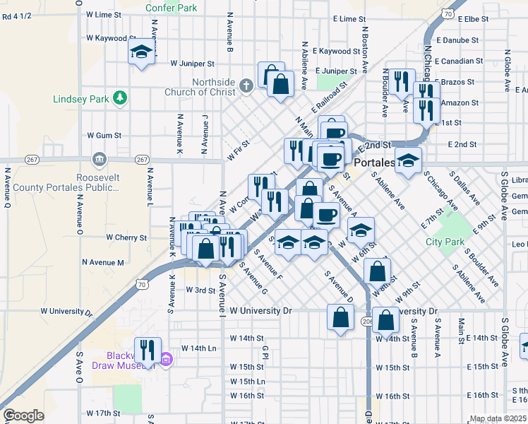 map of restaurants, bars, coffee shops, grocery stores, and more near 507 West 1st Street in Portales