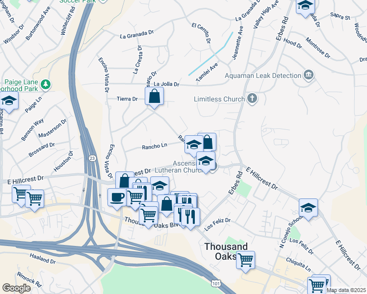 map of restaurants, bars, coffee shops, grocery stores, and more near 918 Rancho Road in Thousand Oaks
