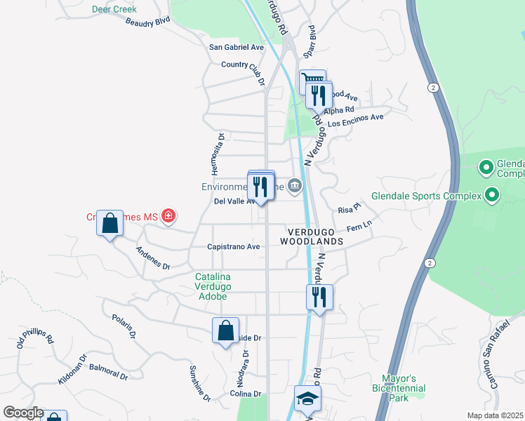 map of restaurants, bars, coffee shops, grocery stores, and more near 2517 Canada Boulevard in Glendale
