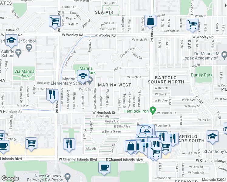 map of restaurants, bars, coffee shops, grocery stores, and more near 1602 Visalia Street in Oxnard