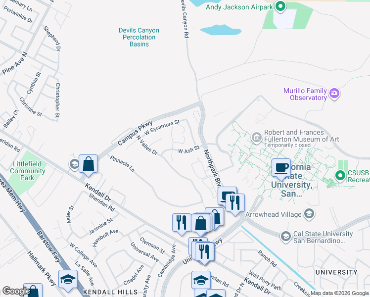 map of restaurants, bars, coffee shops, grocery stores, and more near 1829 West Ash Street in San Bernardino