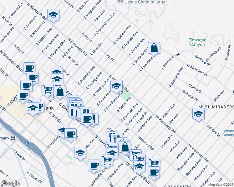 map of restaurants, bars, coffee shops, grocery stores, and more near 711 East Providencia Avenue in Burbank