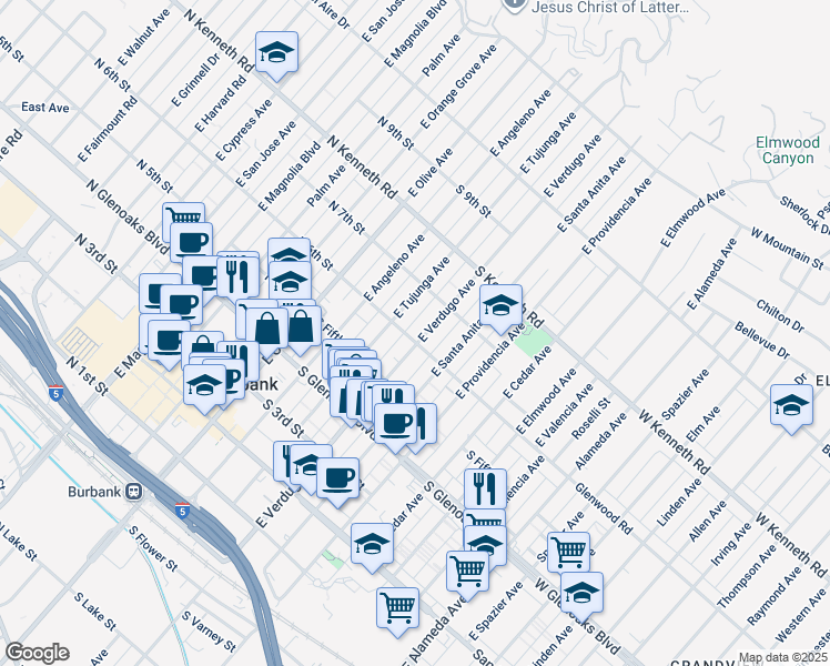 map of restaurants, bars, coffee shops, grocery stores, and more near 602 East Verdugo Avenue in Burbank