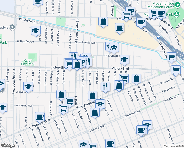 map of restaurants, bars, coffee shops, grocery stores, and more near 1325 North Myers Street in Burbank